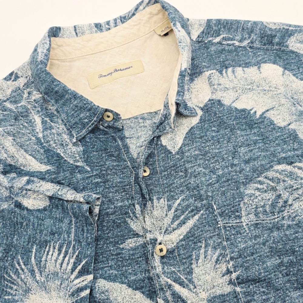 Tommy Bahama Mens XL Blue White 100% Linen Tropical Floral Short Sleeve Shirt